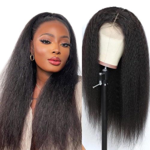 European and American wigs made of real human hair, 4x1 T-part front lace, kinky straight, cross-border wholesale