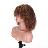 4/27 wig with bangs, full head cover, short hair wig, machine-made water wave wig, all real hair with bangs