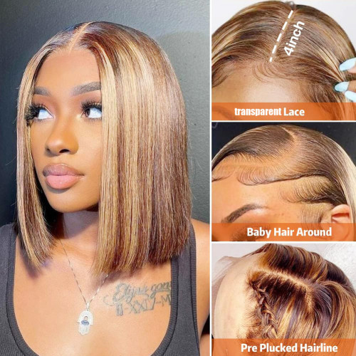 Human hair wig, middle parting, 4/27 brown-gold color, 13X4 front lace BoBo style wig