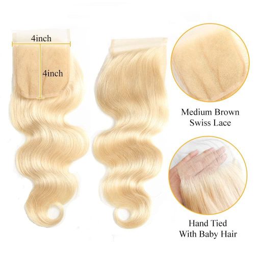4*4 real human hair transparent lace hairpiece#613 body human hair lace frontal in stock
