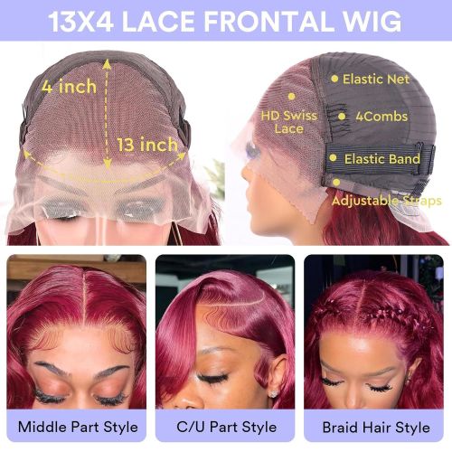 Body wave wig human hair 99J foreign trade European and American 13*4 front lace full wig