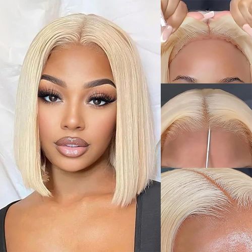 Wig made of real human hair, 4x4 lace cap, golden 613 bob straight wig, 613 real human hair