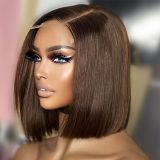 European and American fashion brown wig, bob cut, middle-parted short straight hair, real human hair wig, popular in foreign trade, front lace wig