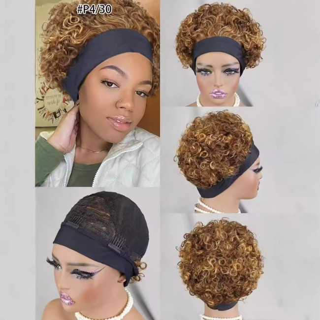 100% human  hair  headband   Short  curl wig