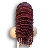 13*4 lace frontal 99J deep wave real human hair wig headpiece cross-border wholesale burgundy
