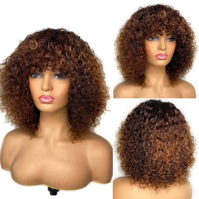 Brazilian fringe Bangs Curly Bob 250% density Human Hair wig