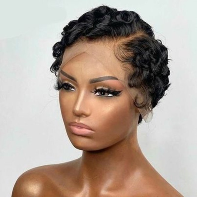 100% Human H air T frontal Deep Wave Pixie Cut Bob Wig