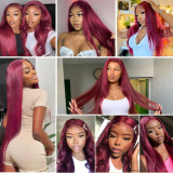 13*4 99J# Cross-border European and American real human hair wigs, burgundy long straight hair wholesale, all real hair wigs