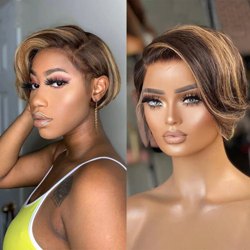 Brazilian Human Hair T lace piano Highlight 4/27 pixie wig
