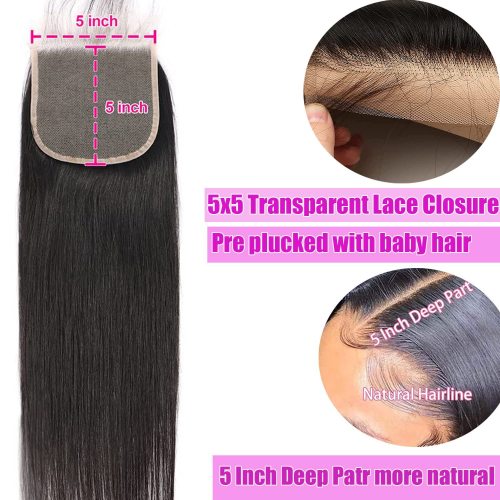 European and American wigs made of real human hair with 5x5 transparent lace front, long straight hair, celebrity style, cross-border wholesale