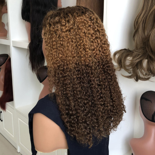 250% density jerry curly human hair wig with front lace and highlights in brown color