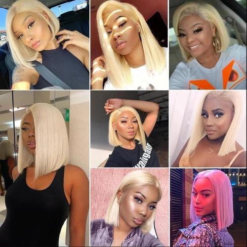 613 Blonde wig Human Hair Bob Lace Frontal Wig Short Straight Hair in Platinum Blonde
