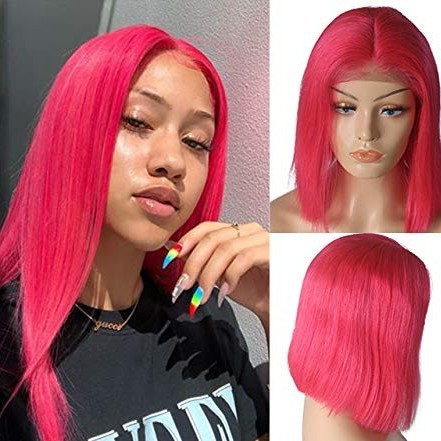 Pink Straight Bob Wigs 13x4 Lace Front for Women