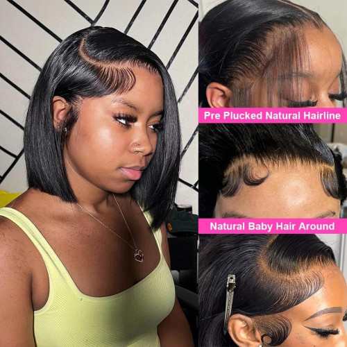 200% Density Bob Wig Human Hair 12A Black Bob Human Hair Wig