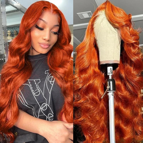 13*4 frontal lace wig body wave, orange-red human hair wig, available for direct shipping