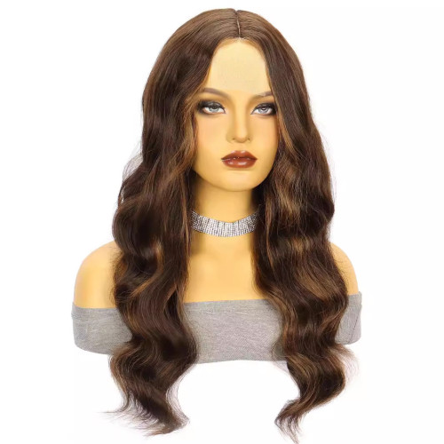Front lace medium-length hand-woven synthetic fiber wig with small lace, piano color, large waves, women's wig