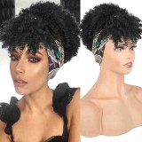 Short African-style women's curly hair with bangs, integrated ice silk headband, synthetic fiber wig