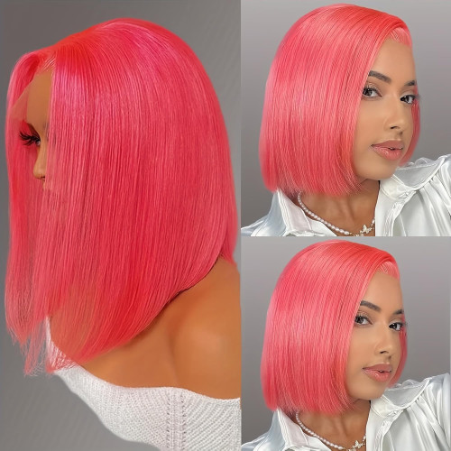Pink Straight Bob Wigs 13x4 Lace Front for Women