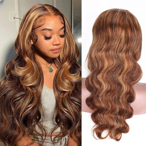 13*4 Body Wave Front Lace Human Hair Wig, Piano Color Highlights, Long Curly Hair, European and American style humanhair