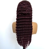99j deep wave human hair wig, cross-border hot-selling front lace human hair wig in burgundy color