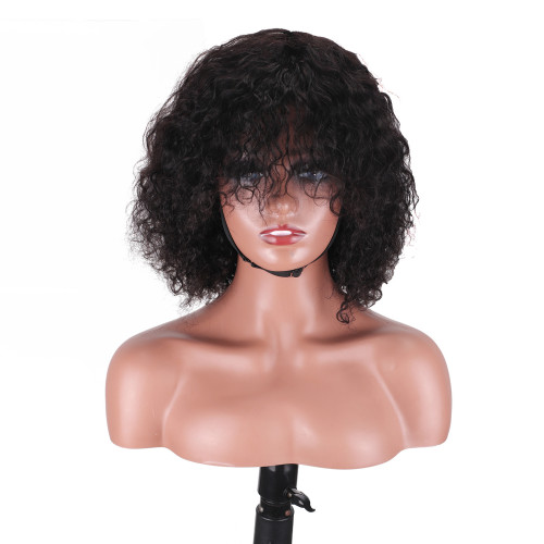 4/27 wig with bangs, full head cover, short hair wig, machine-made water wave wig, all real hair with bangs
