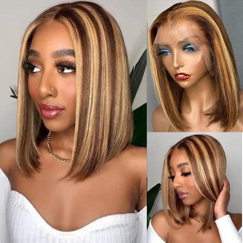 Human hair wig, middle parting, 4/27 brown-gold color, 13X4 front lace BoBo style wig