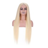 Foreign trade wig European and American 13*4 hand-woven front lace human hair wig 613#Middle-parted long straight hair, direct from the manufacturer
