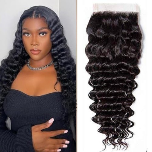 Human Hair Deep Wave 4*4  Frontal Closure Transparent Lace