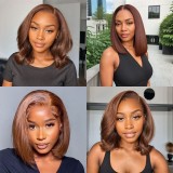 European and American fashion brown wig, bob cut, middle-parted short straight hair, real human hair wig, popular in foreign trade, front lace wig