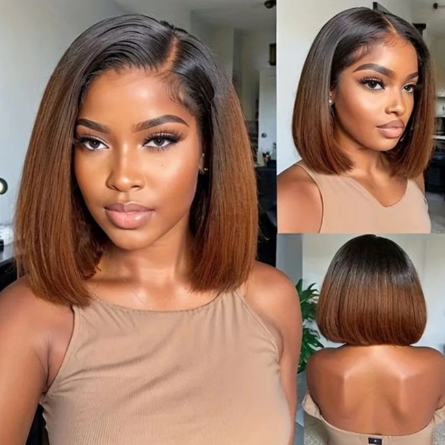13*4 frontal Straight Bob 1B/30 Brown 200%density wig