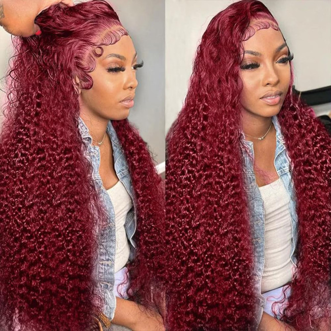 99j deep wave human hair wig, cross-border hot-selling front lace human hair wig in burgundy color