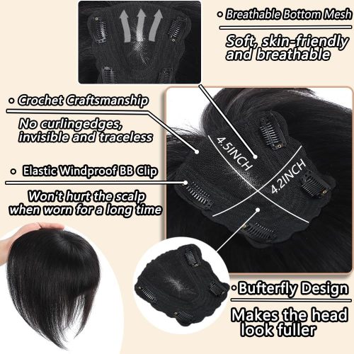 Real hair butterfly-shaped Swiss mesh hairpiece with middle-parted bangs, semi-hand-woven, breathable and lightweight, for foreign trade and cross-border wholesale