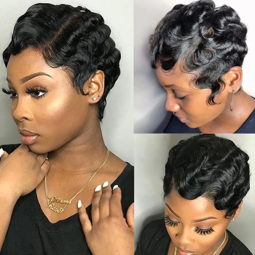 Short Finger Wavy Wig Human Hair Wigs Pixie Wigs Ocean Wave