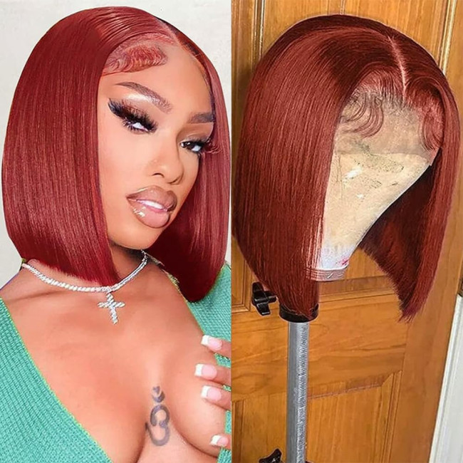Reddish Brown Bob Wig Human Hair, cross-border hot-selling short straight lace front wig