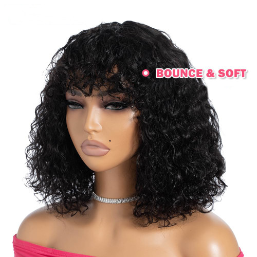 European and American wigs made of real human hair for women, with bangs, machine-made kinky curly bob wig, foreign trade curly hair