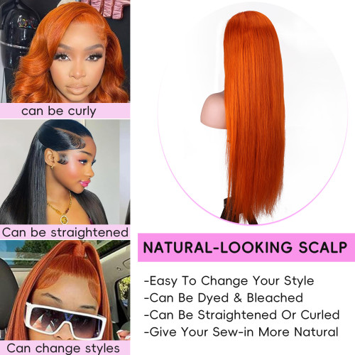 European and American fashion orange wig, 200% density, best-selling 13*4 lace front straight hair full head wig