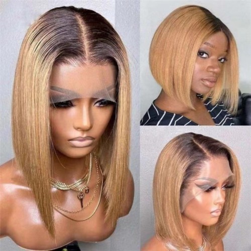 12A Human Hair Top Quality 1B/27 Gold Brown 13*4 Frontal Bob