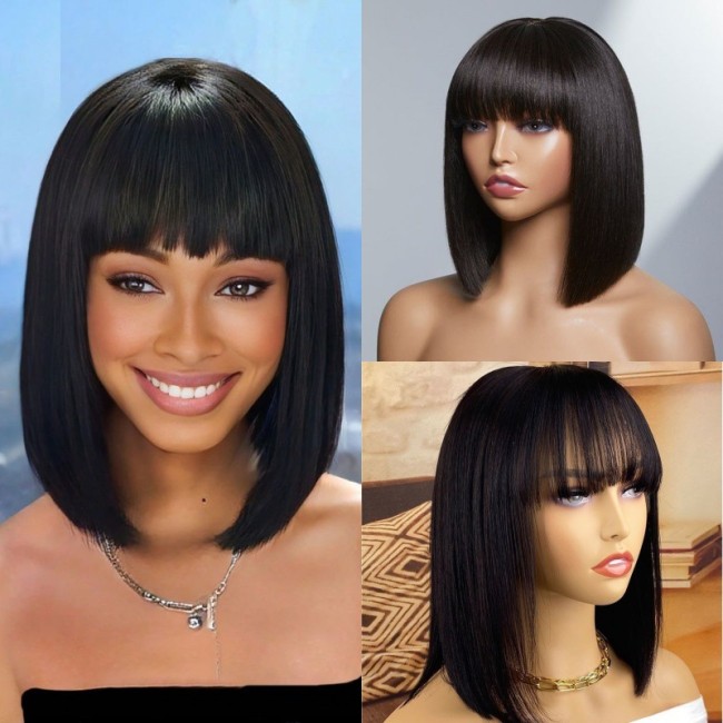 Cross-border wigs, hot-selling in Europe, America, and Africa, full-machine-made bob wigs, all made of real human hair, straight hair, in stock in Xuchang