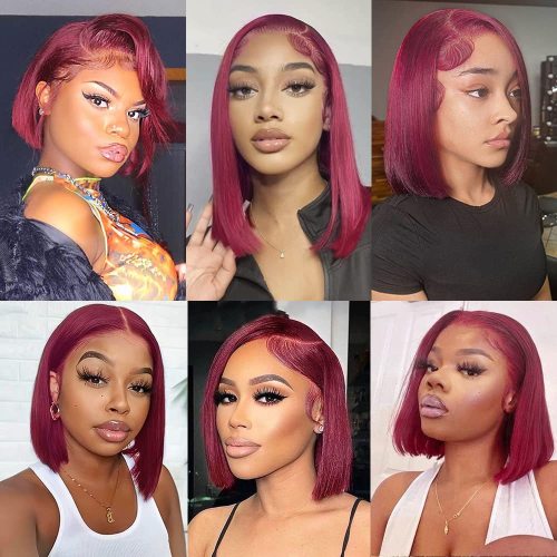 13x4 99j burgundy human hair short bob wig lace cap short hair