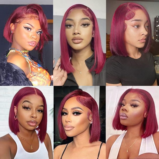 13x4 99j burgundy human hair short bob wig lace cap short hair