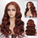 Cross-border wigs for European and American women, lace front human hair wigs 33#Reddish-brown middle-parted long curly hair with big waves