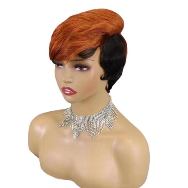 Indian Human Hair Pixie Short Cut Wig Bangs 99J Brown