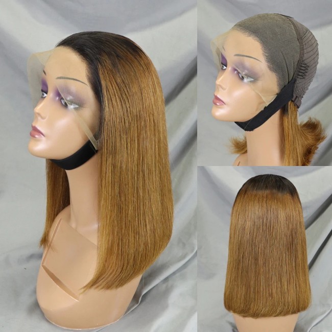 Bone Straight Lace Frontal Wig Short Bob  1BT27 Human Hair