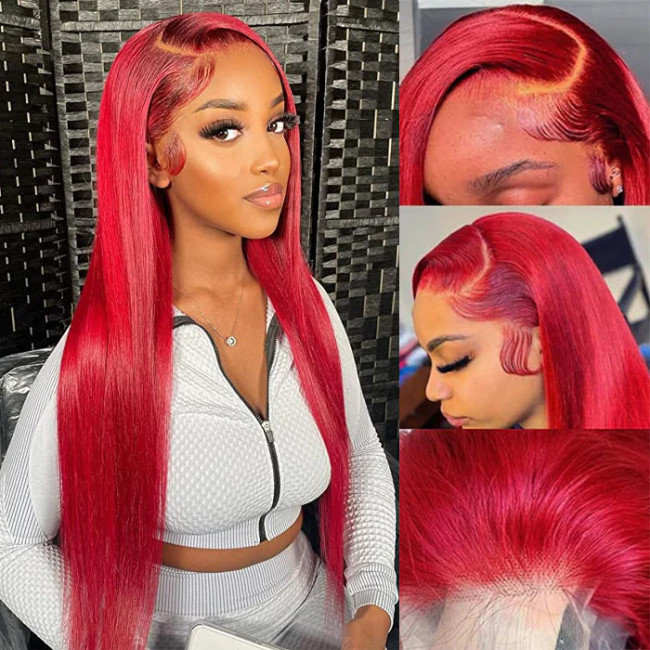 13x4 RED straight hair lace front wig, lace front human hair wigs, European and American cross-border