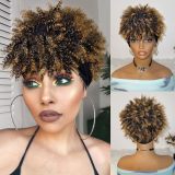 Short African-style women's curly hair with bangs, integrated ice silk headband, synthetic fiber wig