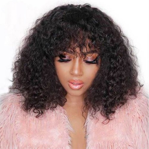 Brazilian fringe Bangs Curly Bob 250% density Human Hair wig