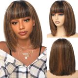 Wig with highlights 1B30, smooth cut bob straight with bands, fully machine-made, 180% high density, realistic