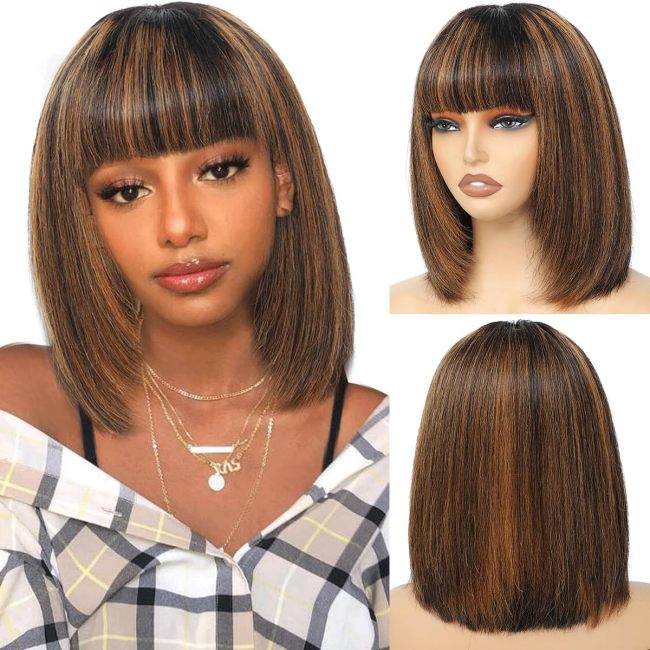 Wig with highlights 1B30, smooth cut bob straight with bands, fully machine-made, 180% high density, realistic