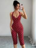 Cross-border European and American summer new fashion sexy deep V-neck halter neck tie-dye printed polka dot backless jumpsuit