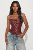 Cross-border European and American style autumn new street sexy hot girl PU leather strapless halter neck slim-fit top for women